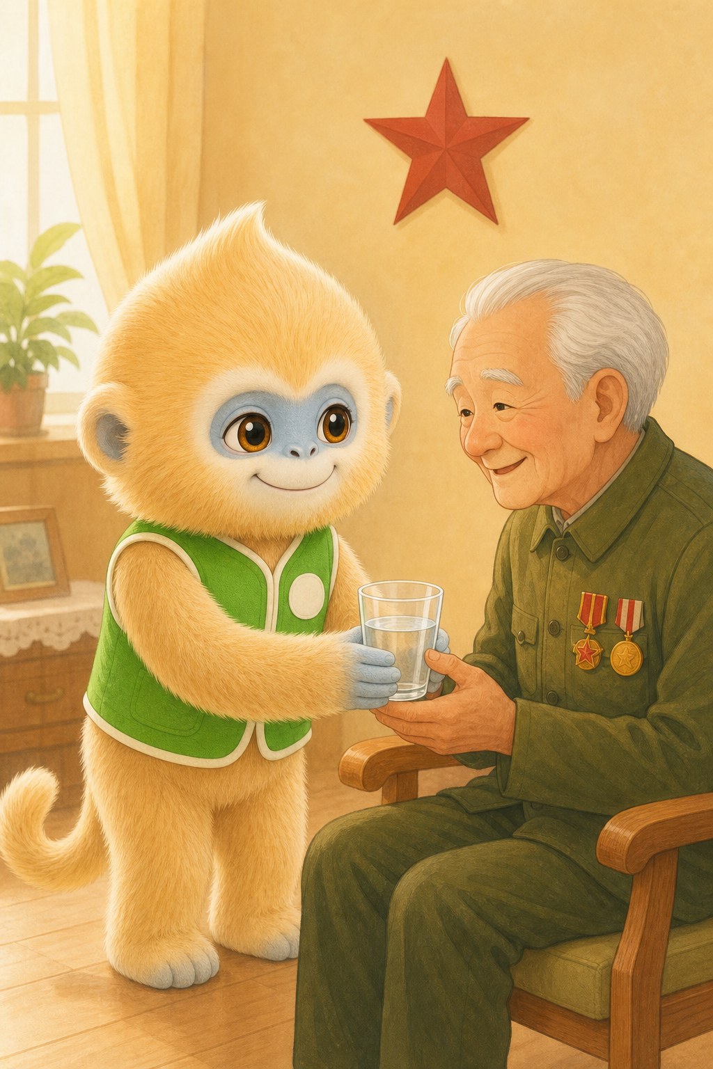 康康给老兵递上一杯温水
